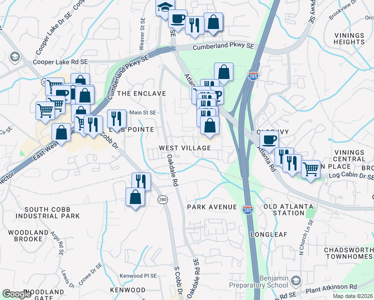 map of restaurants, bars, coffee shops, grocery stores, and more near 2154 West Village Lane in Smyrna