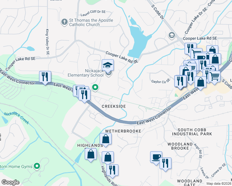 map of restaurants, bars, coffee shops, grocery stores, and more near 5064 Laurel Glen Court Southeast in Smyrna