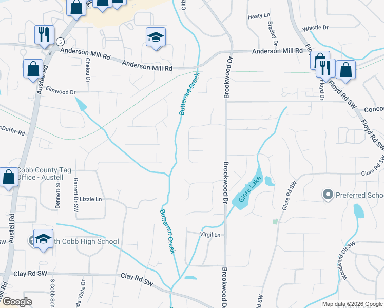 map of restaurants, bars, coffee shops, grocery stores, and more near 1419 Red Tail Court Southwest in Mableton