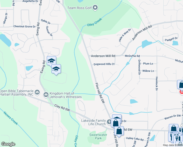 map of restaurants, bars, coffee shops, grocery stores, and more near 4598 Flint Hill Road Southwest in Austell