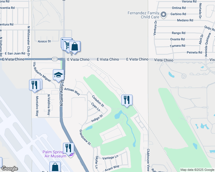 map of restaurants, bars, coffee shops, grocery stores, and more near 1275 Passage Street in Palm Springs