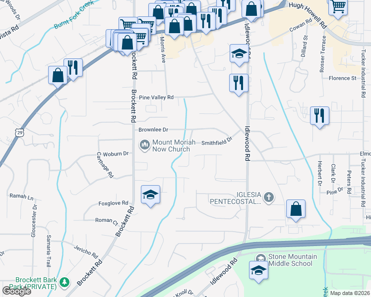 map of restaurants, bars, coffee shops, grocery stores, and more near 1986 Avis Lane in Tucker