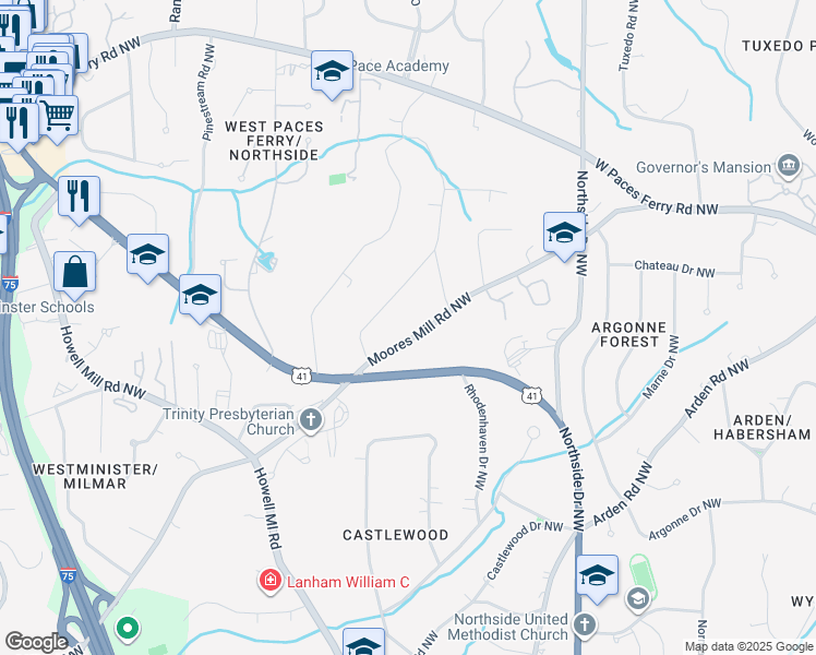 map of restaurants, bars, coffee shops, grocery stores, and more near 785 Moores Mill Road Northwest in Atlanta