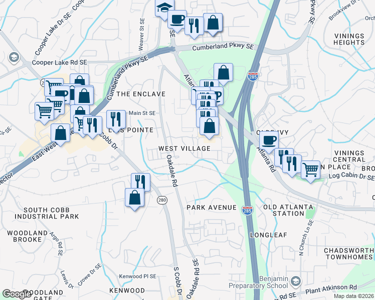 map of restaurants, bars, coffee shops, grocery stores, and more near 2160 West Village Lane in Smyrna