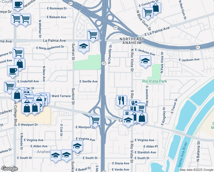 map of restaurants, bars, coffee shops, grocery stores, and more near 2615 East Dutch Avenue in Anaheim