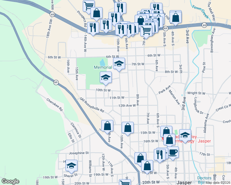 map of restaurants, bars, coffee shops, grocery stores, and more near 1000-1098 10th Avenue in Jasper