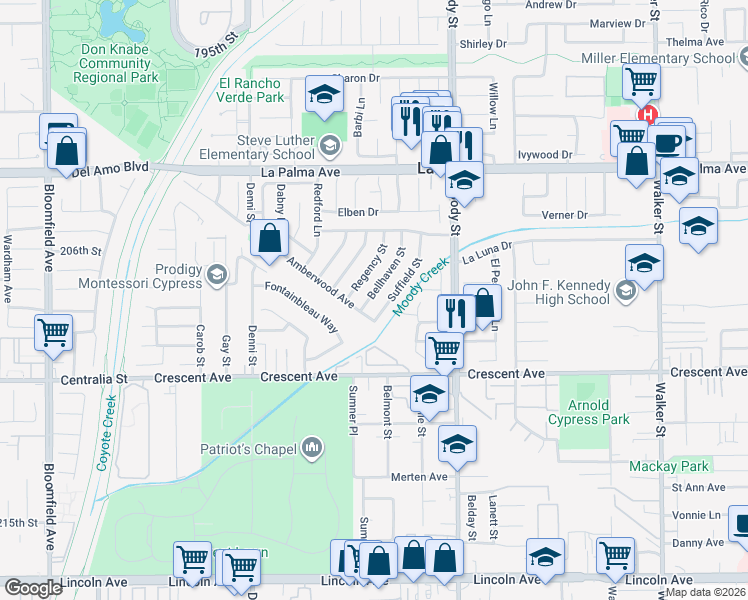 map of restaurants, bars, coffee shops, grocery stores, and more near 8292 Bellhaven Street in La Palma