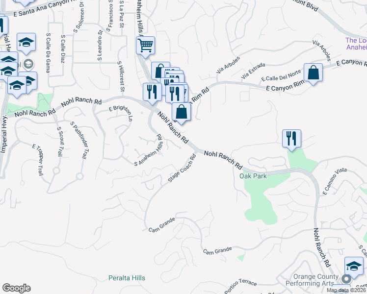 map of restaurants, bars, coffee shops, grocery stores, and more near 6171 East Morningview Drive in Anaheim