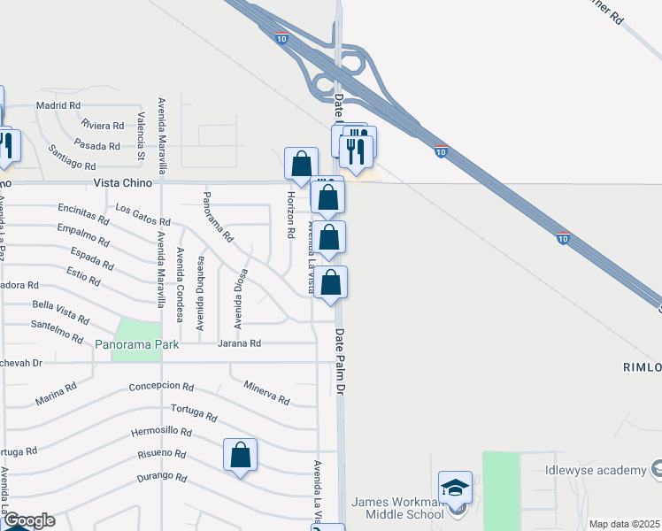 map of restaurants, bars, coffee shops, grocery stores, and more near 28401 Date Palm Drive in Cathedral City
