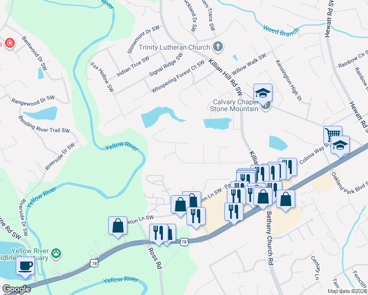 map of restaurants, bars, coffee shops, grocery stores, and more near 4108 Rocky Ledge Way in Snellville