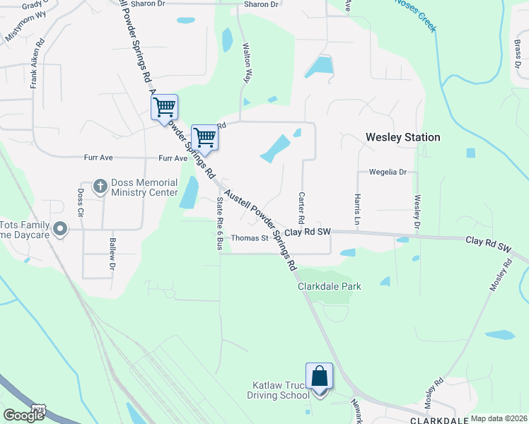 map of restaurants, bars, coffee shops, grocery stores, and more near 4625 Austell Powder Springs Road Southwest in Austell