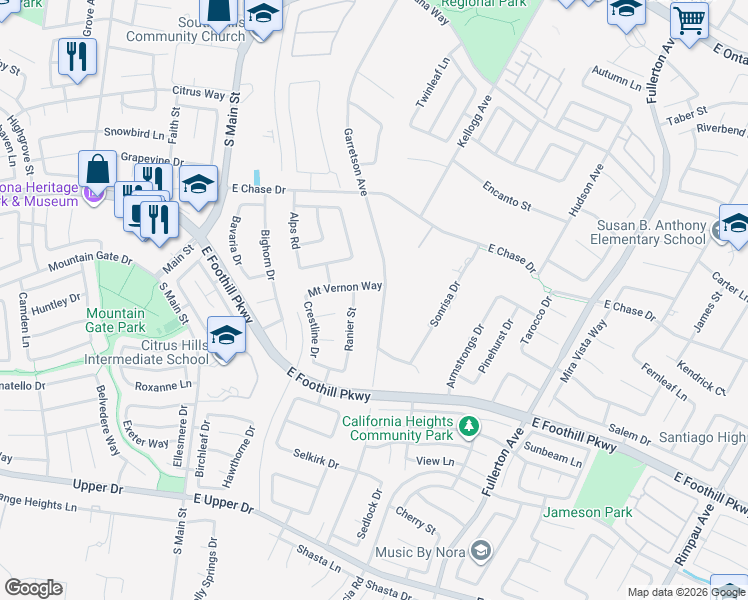 map of restaurants, bars, coffee shops, grocery stores, and more near 3100 Garretson Avenue in Corona