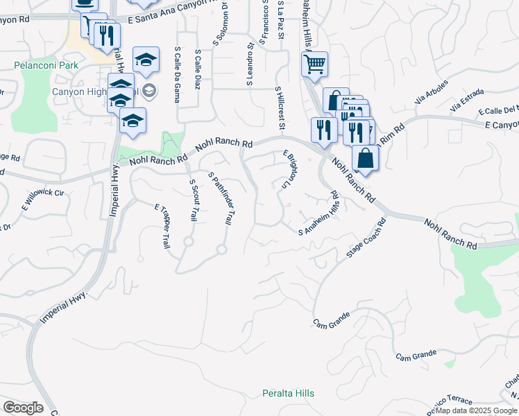 map of restaurants, bars, coffee shops, grocery stores, and more near 562 South Covered Wagon Trail in Anaheim