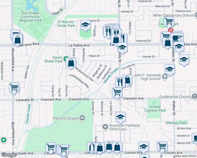 map of restaurants, bars, coffee shops, grocery stores, and more near 8292 Bellhaven Street in La Palma