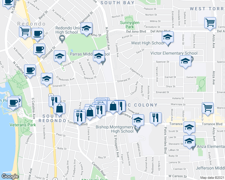 map of restaurants, bars, coffee shops, grocery stores, and more near 115 South Prospect Avenue in Redondo Beach