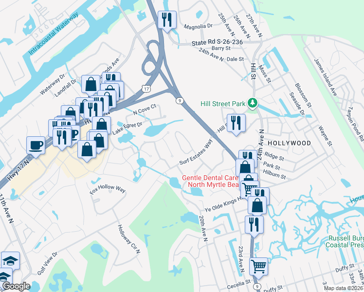 map of restaurants, bars, coffee shops, grocery stores, and more near 1618 Cottage Cove Circle in North Myrtle Beach