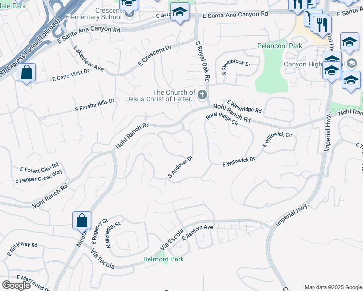 map of restaurants, bars, coffee shops, grocery stores, and more near 571 South Weymouth Court in Anaheim