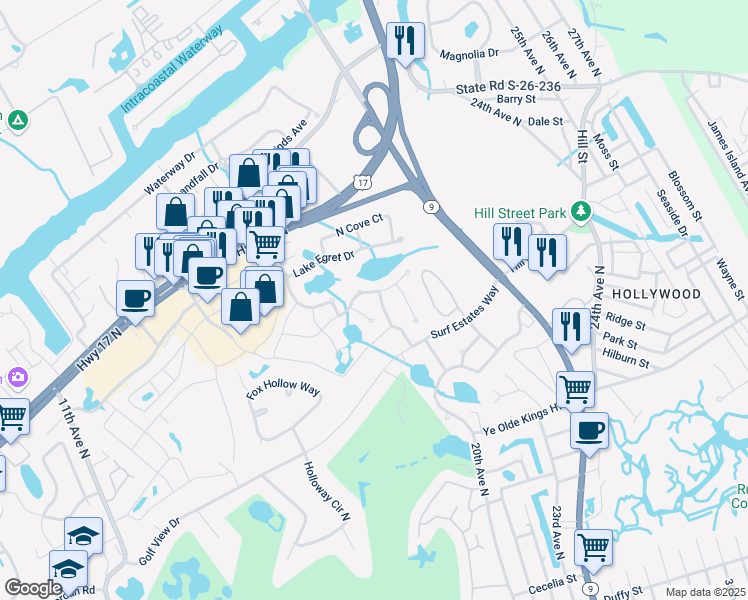 map of restaurants, bars, coffee shops, grocery stores, and more near 1504 East Island Drive in North Myrtle Beach