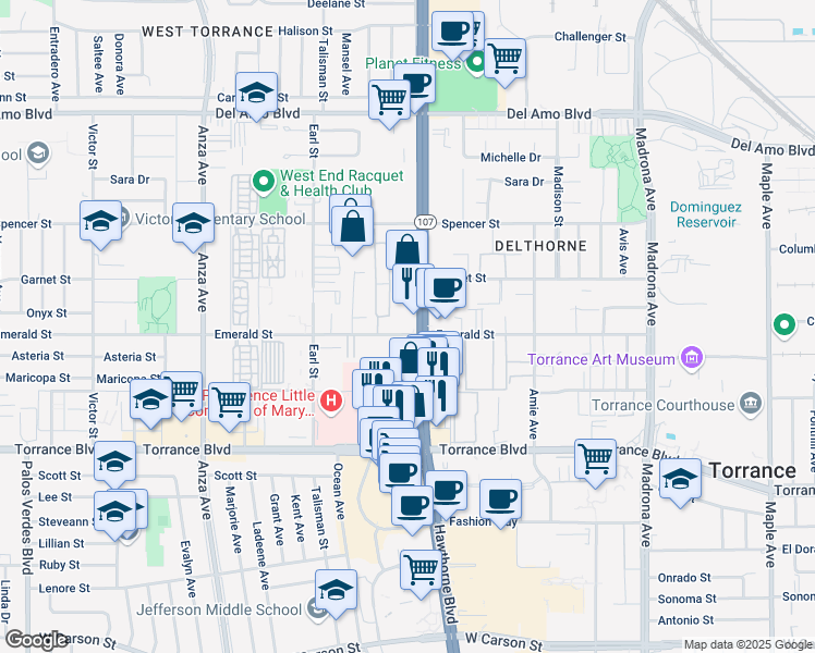 map of restaurants, bars, coffee shops, grocery stores, and more near 20725 Hawthorne Boulevard in Torrance