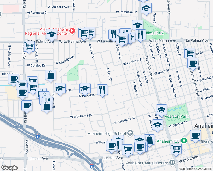map of restaurants, bars, coffee shops, grocery stores, and more near 930 West North Street in Anaheim