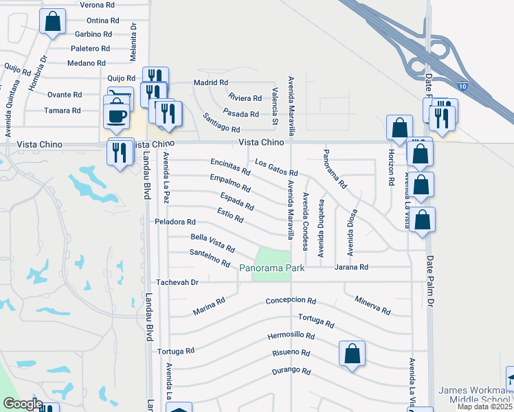 map of restaurants, bars, coffee shops, grocery stores, and more near 68300 Espada Road in Cathedral City