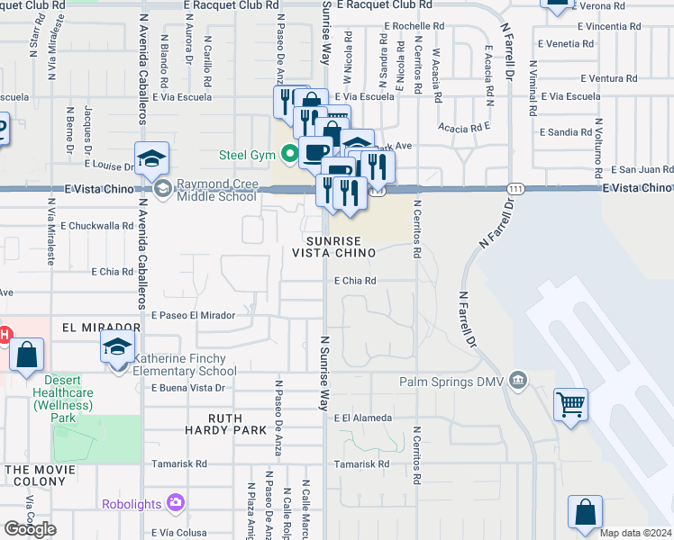 map of restaurants, bars, coffee shops, grocery stores, and more near 1751 East Sandalwood Drive in Palm Springs