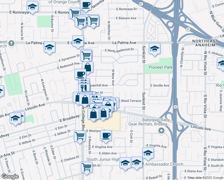 map of restaurants, bars, coffee shops, grocery stores, and more near 2233 East Center Street in Anaheim