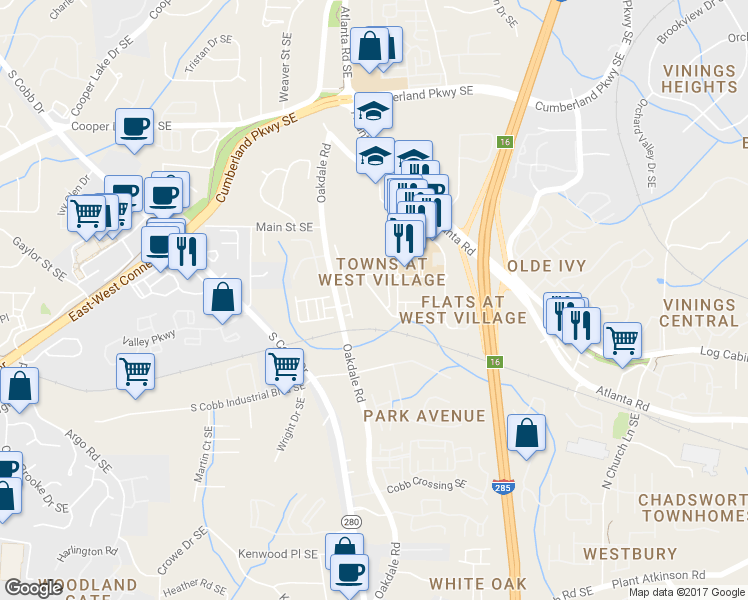 map of restaurants, bars, coffee shops, grocery stores, and more near 2154 West Village Lane in Smyrna