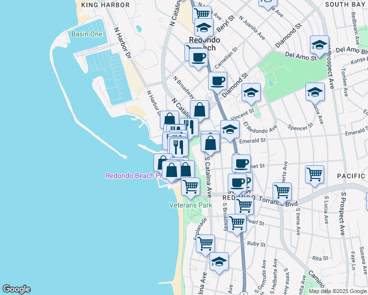 map of restaurants, bars, coffee shops, grocery stores, and more near 340 The Village in Redondo Beach