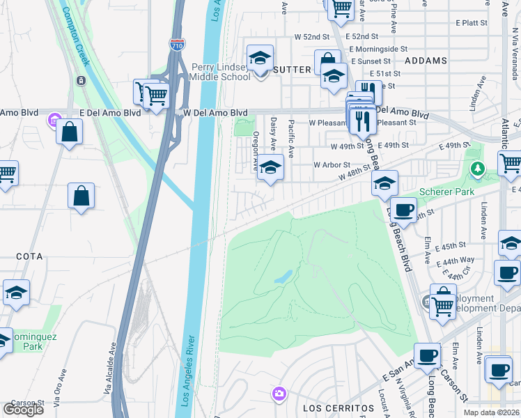 map of restaurants, bars, coffee shops, grocery stores, and more near 176 West Ridgewood Street in Long Beach