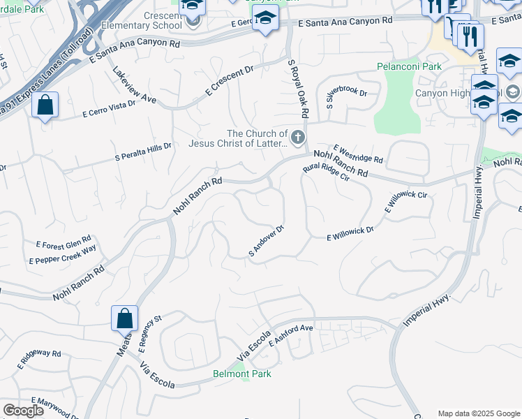 map of restaurants, bars, coffee shops, grocery stores, and more near 551 South Weymouth Court in Anaheim