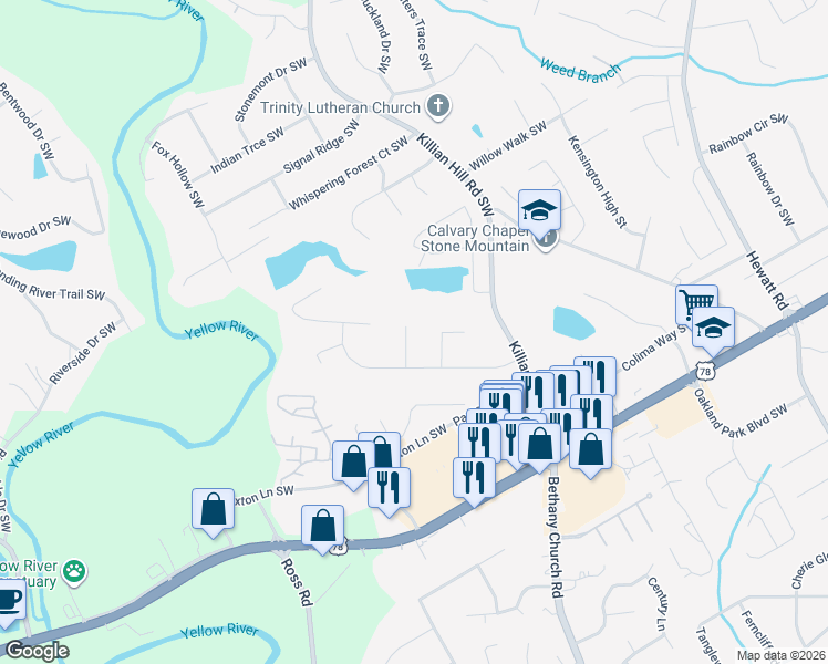 map of restaurants, bars, coffee shops, grocery stores, and more near 2046 Khyber Pass Southwest in Snellville