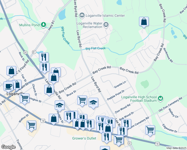 map of restaurants, bars, coffee shops, grocery stores, and more near 587 Lee Byrd Road in Loganville