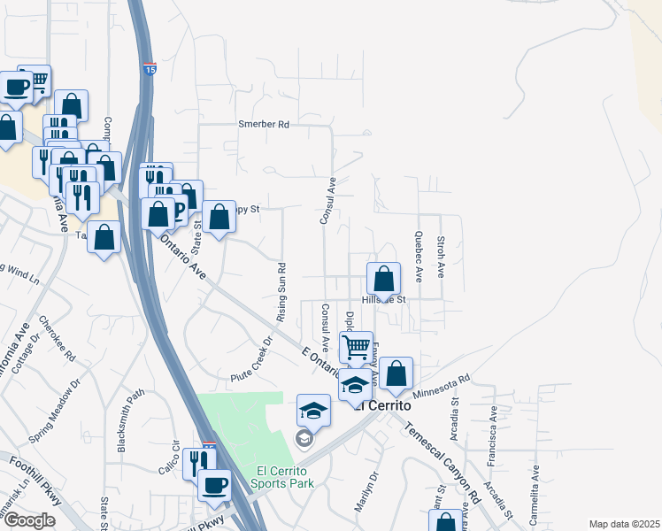 map of restaurants, bars, coffee shops, grocery stores, and more near 19142 Consul Avenue in Corona