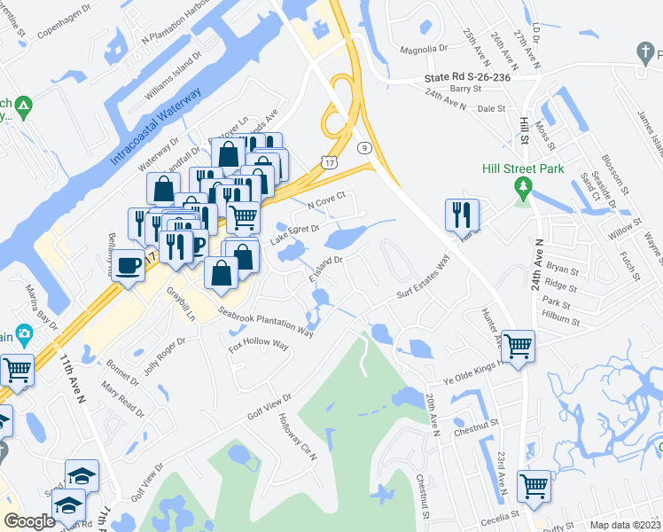 map of restaurants, bars, coffee shops, grocery stores, and more near 1504 East Island Drive in North Myrtle Beach