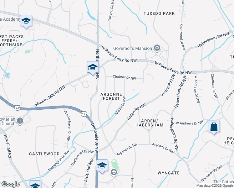 map of restaurants, bars, coffee shops, grocery stores, and more near 3179 Verdun Drive Northwest in Atlanta