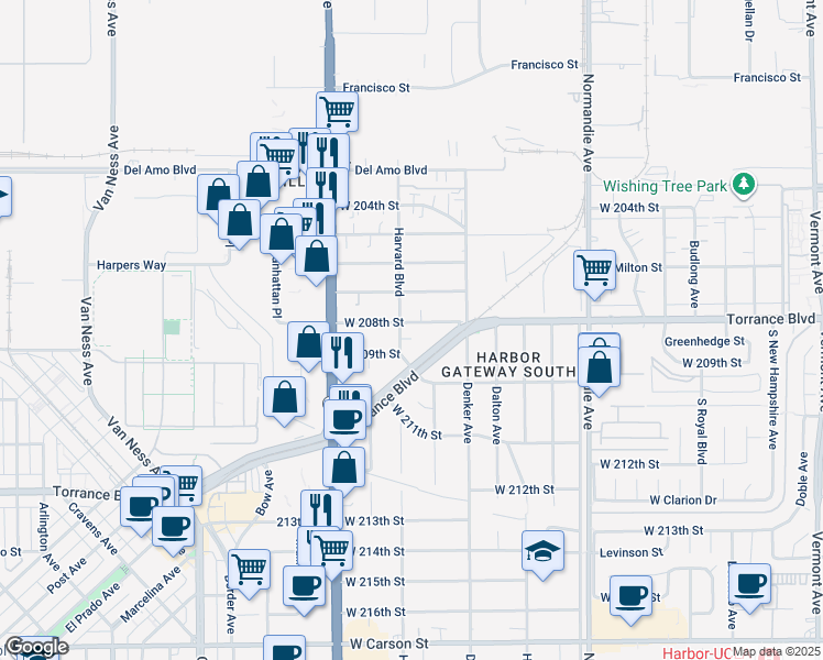 map of restaurants, bars, coffee shops, grocery stores, and more near 1566 West 208th Street in Torrance