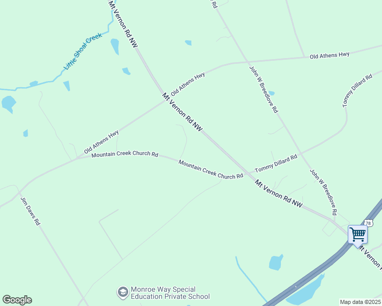 map of restaurants, bars, coffee shops, grocery stores, and more near 2410 Mountain Creek Church Road in Monroe