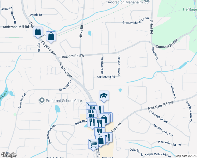 map of restaurants, bars, coffee shops, grocery stores, and more near 739 Carlouetta Road in Mableton