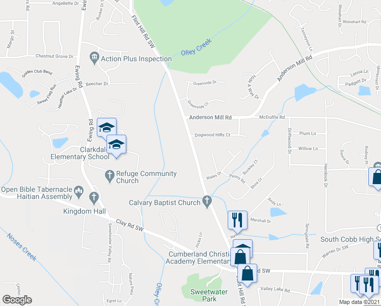map of restaurants, bars, coffee shops, grocery stores, and more near 4598 Flint Hill Road Southwest in Austell