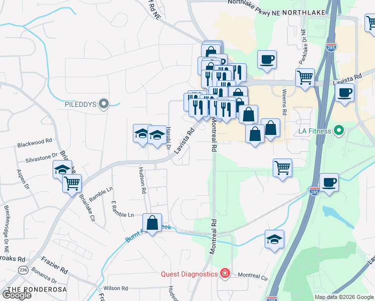 map of restaurants, bars, coffee shops, grocery stores, and more near 3825 Lavista Road in Tucker