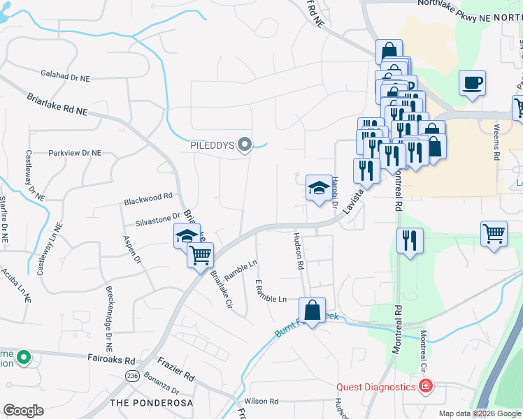 map of restaurants, bars, coffee shops, grocery stores, and more near 3676 Lavista Road in Decatur