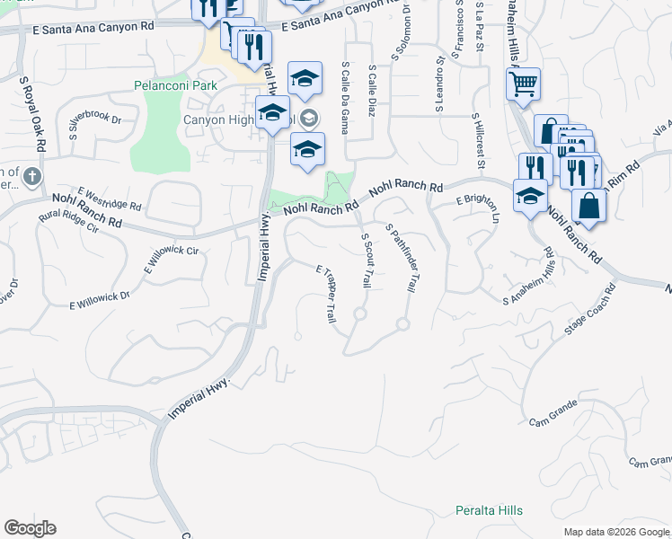 map of restaurants, bars, coffee shops, grocery stores, and more near 5836 East Trapper Trail in Anaheim