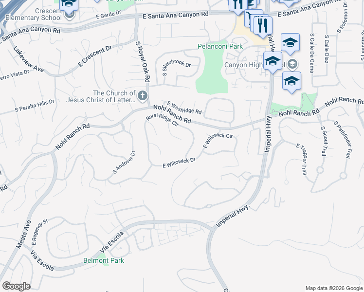 map of restaurants, bars, coffee shops, grocery stores, and more near 5384 Rural Ridge Circle in Anaheim