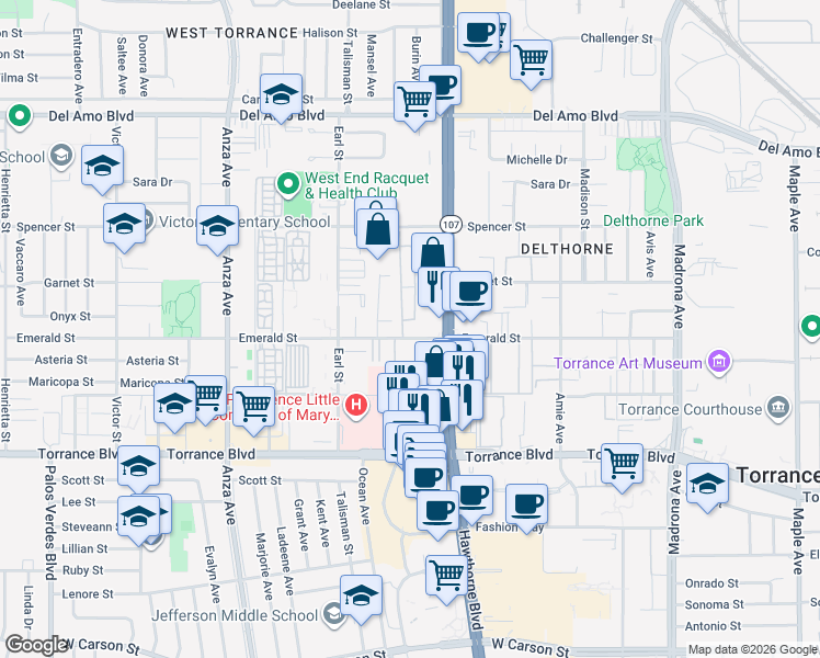 map of restaurants, bars, coffee shops, grocery stores, and more near 20725 Hawthorne Boulevard in Torrance