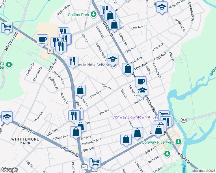 map of restaurants, bars, coffee shops, grocery stores, and more near 904 Pine Street in Conway