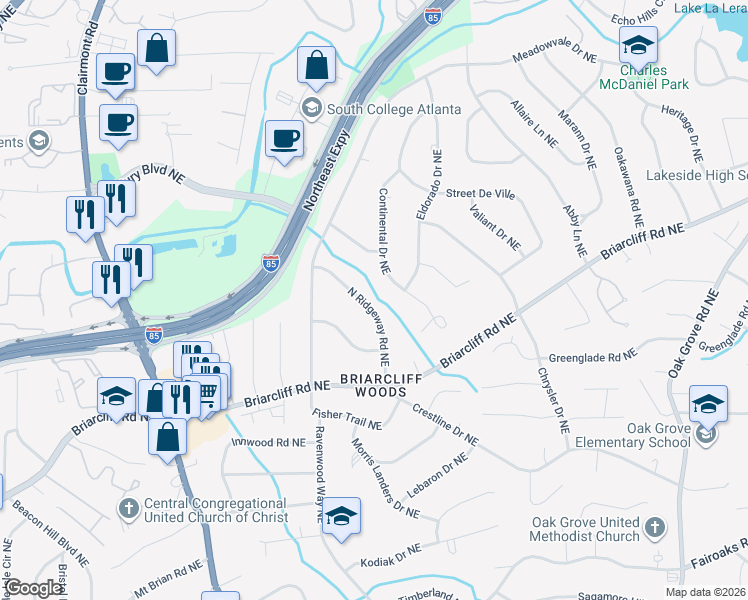 map of restaurants, bars, coffee shops, grocery stores, and more near 1989 North Ridgeway Road Northeast in Atlanta