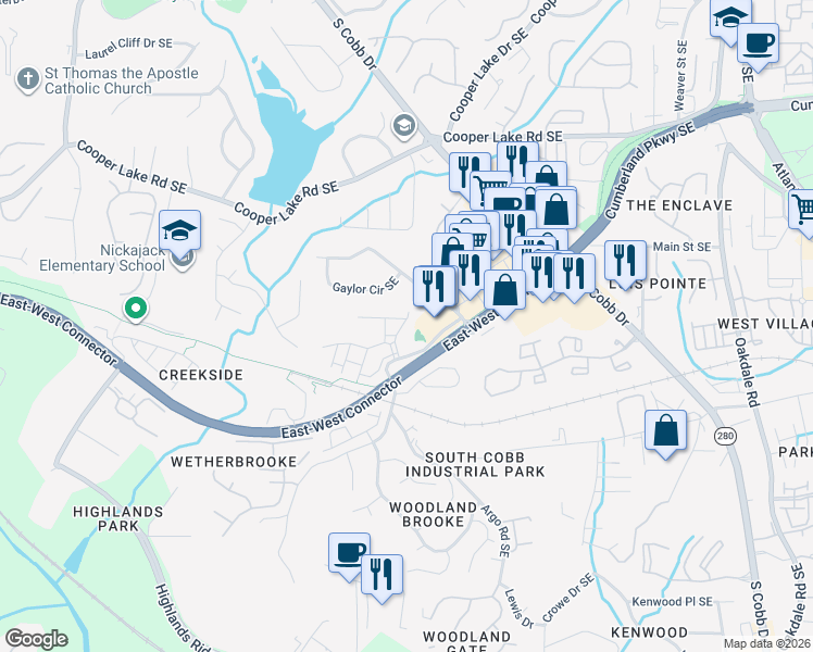map of restaurants, bars, coffee shops, grocery stores, and more near 4683 Wehunt Commons Drive in Smyrna