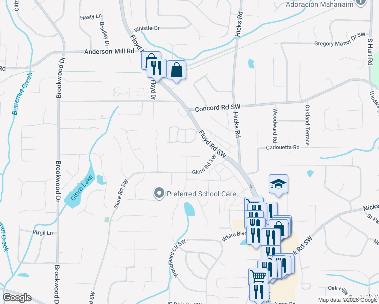 map of restaurants, bars, coffee shops, grocery stores, and more near 976 Anjul Drive in Mableton