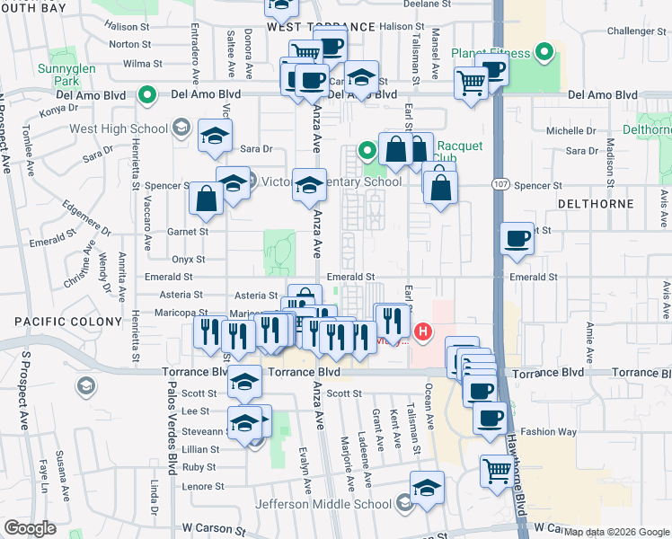 map of restaurants, bars, coffee shops, grocery stores, and more near 20730 Anza Avenue in Torrance